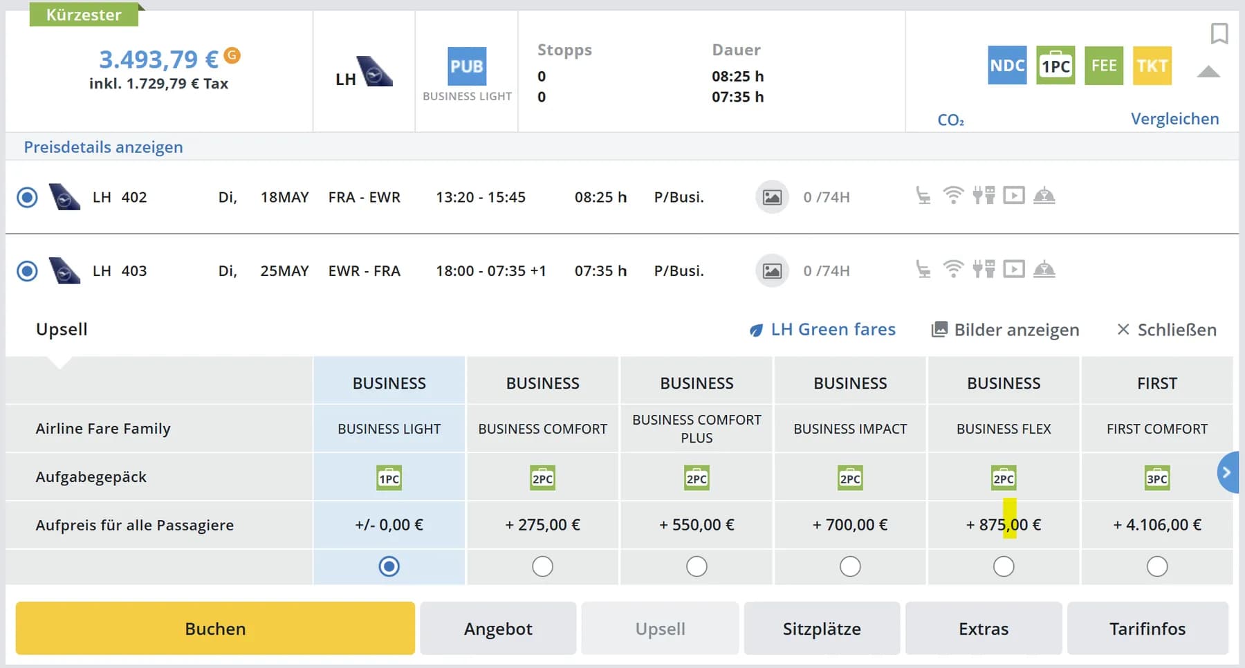 Buchungsmaske im AERTiCKET Cockpit mit Lufthansa-Flügen Frankfurt–Newark und den Aufpreisen der Business- und First-Class-Tarife