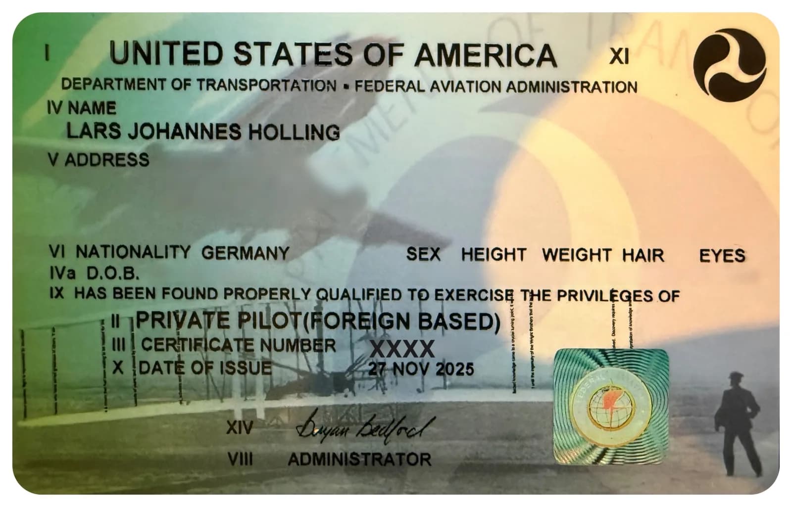 US-Pilotenlizenz der FAA mit dem Eintrag Private Pilot (Foreign Based), ausgestellt am 27. November 2025